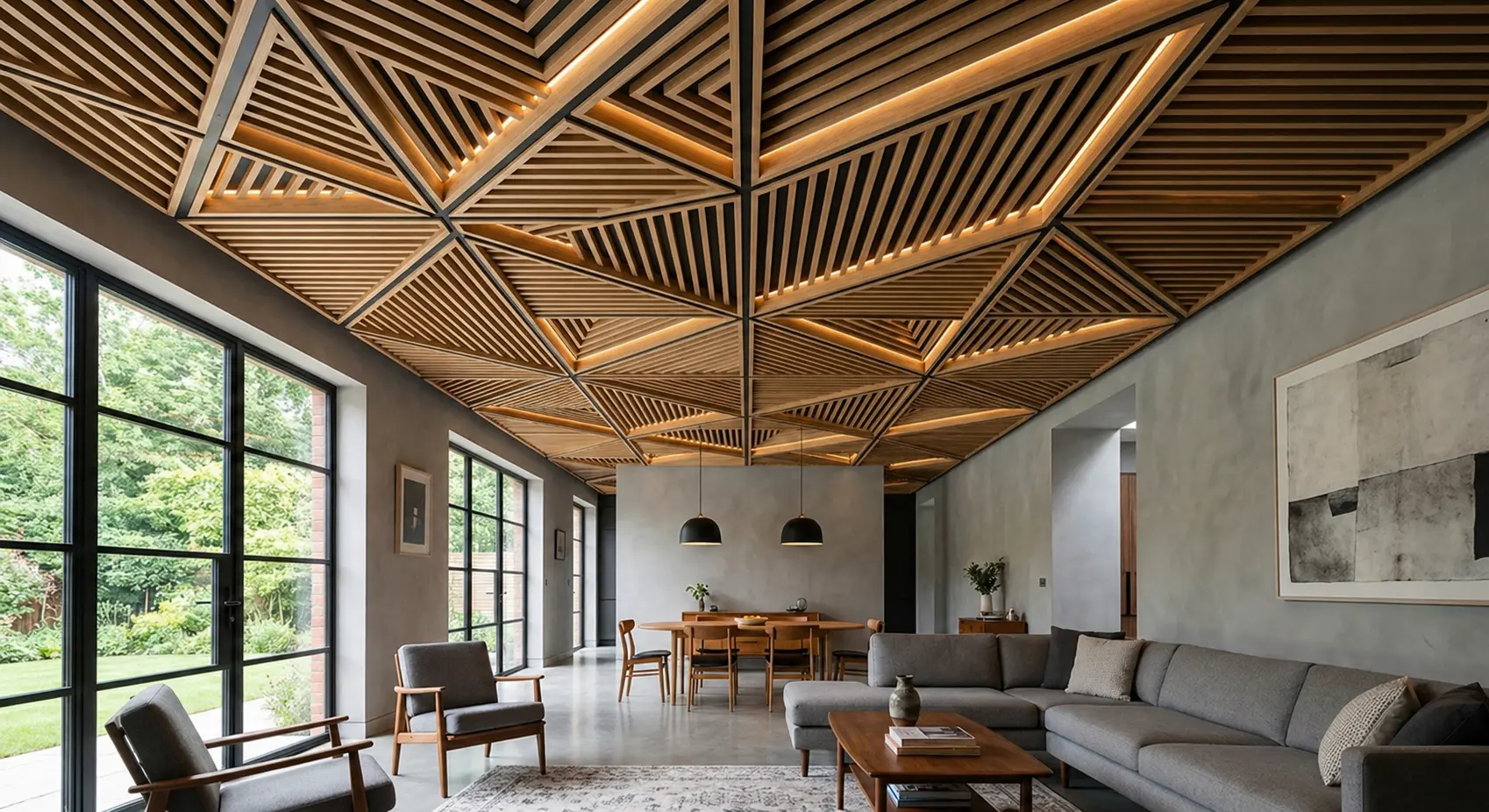 Intricate triangular geometric patterns made of light-colored wood slats with integrated backlighting in a contemporary lounge.