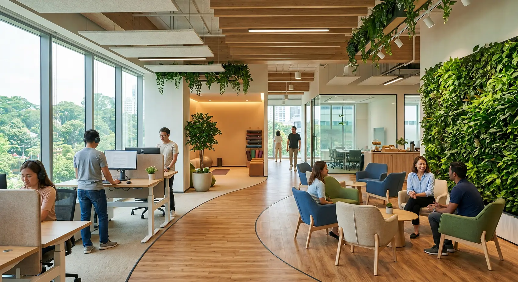 An employee wellness space featuring a large vertical living wall, a colorful armchair lounge, and height-adjustable standing desks near expansive windows.