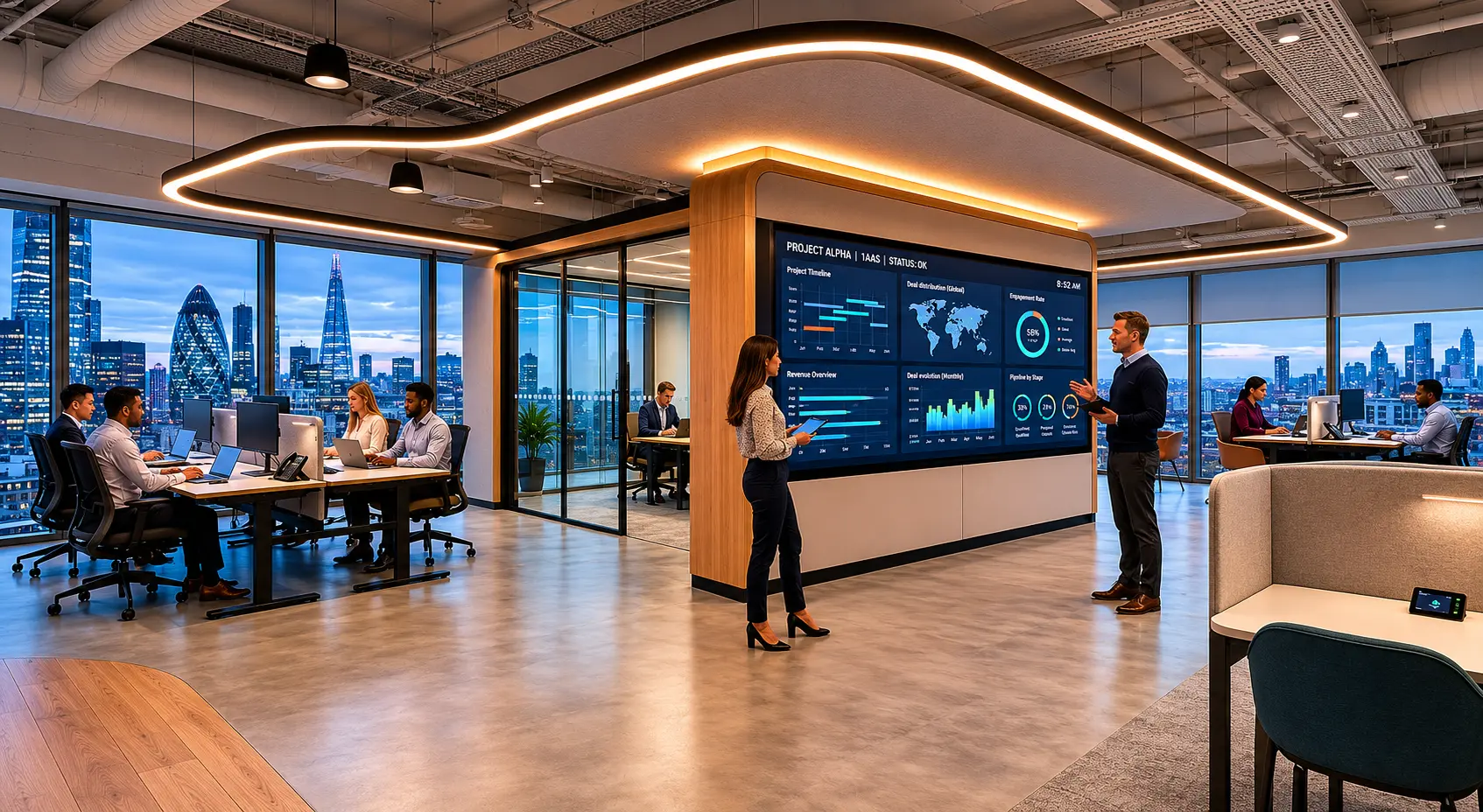 A high-tech evening corporate interior design dominated by a massive central smart screen displaying digital data dashboards under a custom curved halo light.