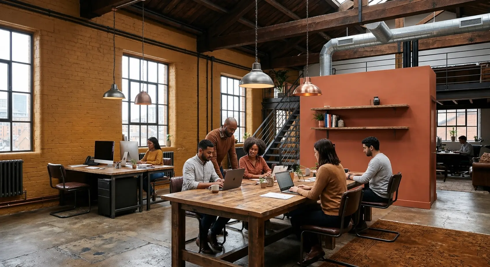 An industrial office interior design showcasing ochre-colored brick walls, a terracotta-painted central room divider, large factory-style windows, and people collaborating at rustic wooden tables.