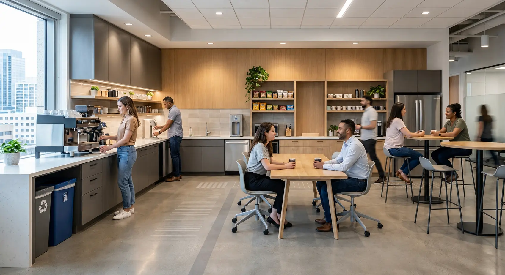 Spacious office breakroom with grey and wood cabinetry, a large communal table, and employees socializing.