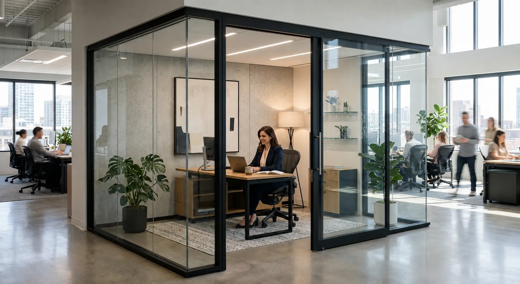 A modern corner office enclosed in floor-to-ceiling glass partitions with black frames, showing a professional woman working at a minimalist wooden desk inside a bright, open-plan corporate environment.