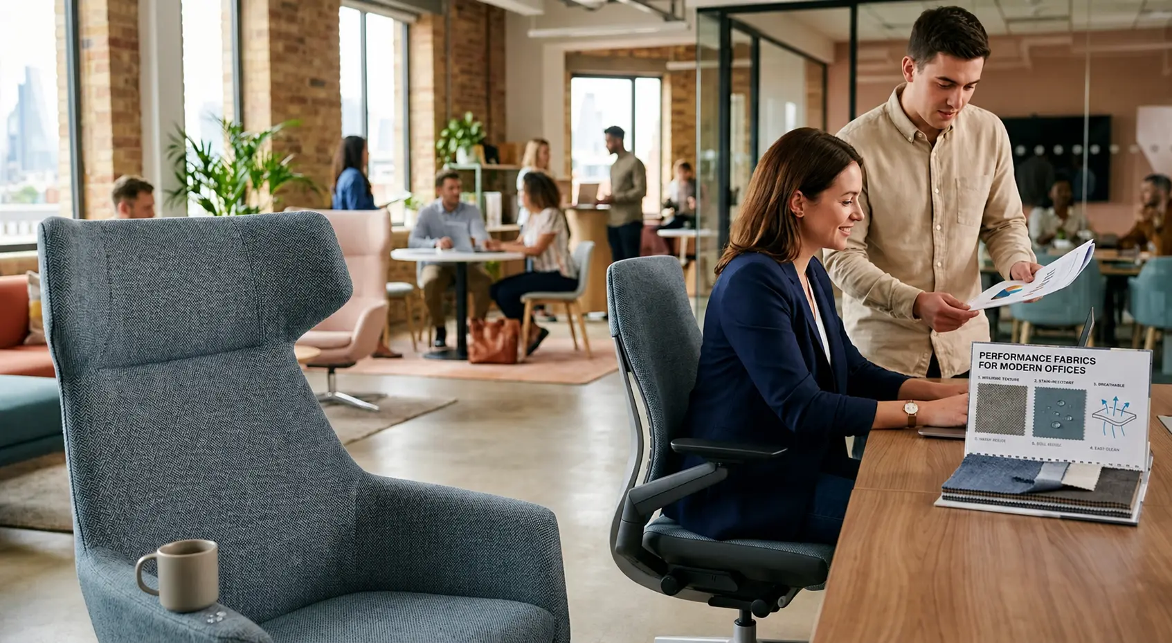 Two professionals reviewing performance fabric swatches in a modern office, with comfortable upholstered chairs in the foreground, highlighting durable, easy-to-clean textile options for high-use furniture.