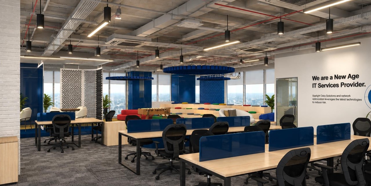 3D visualization process for a modern office workspace with planned furniture and lighting