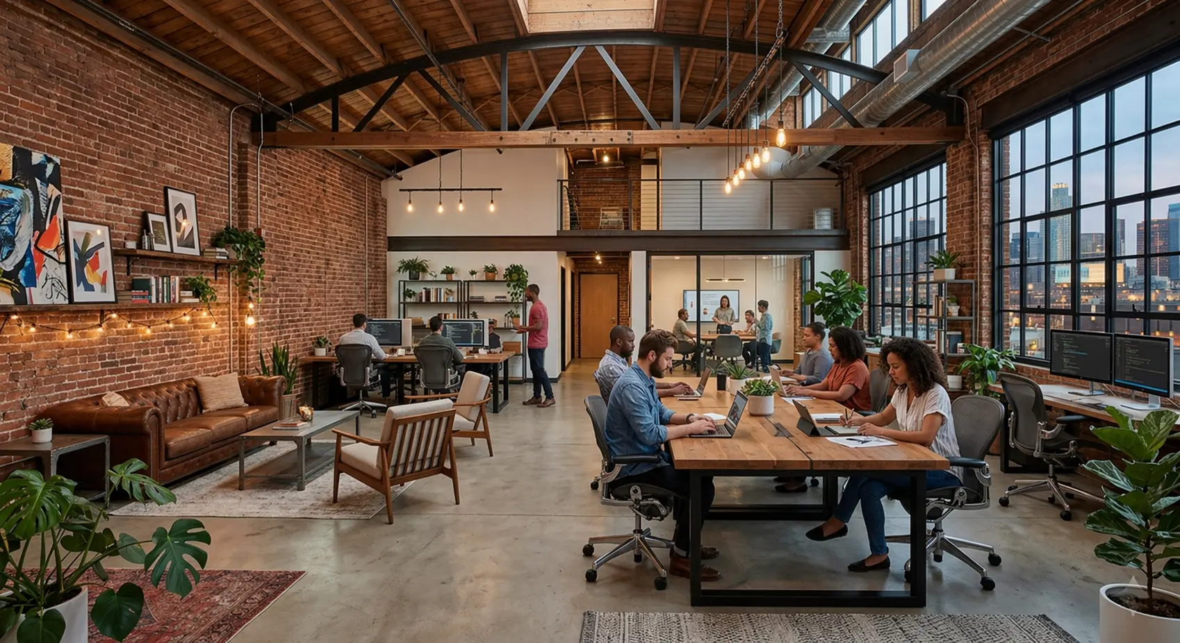 Modern industrial office with exposed brick, timber ceilings, and large windows overlooking a city, featuring communal wooden desks and indoor plants.