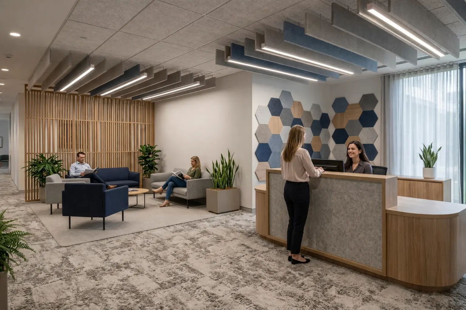 A modern reception interior design with a pattern on the wall, hanging panels on the ceiling, and a nice wood-and-stone front desk.