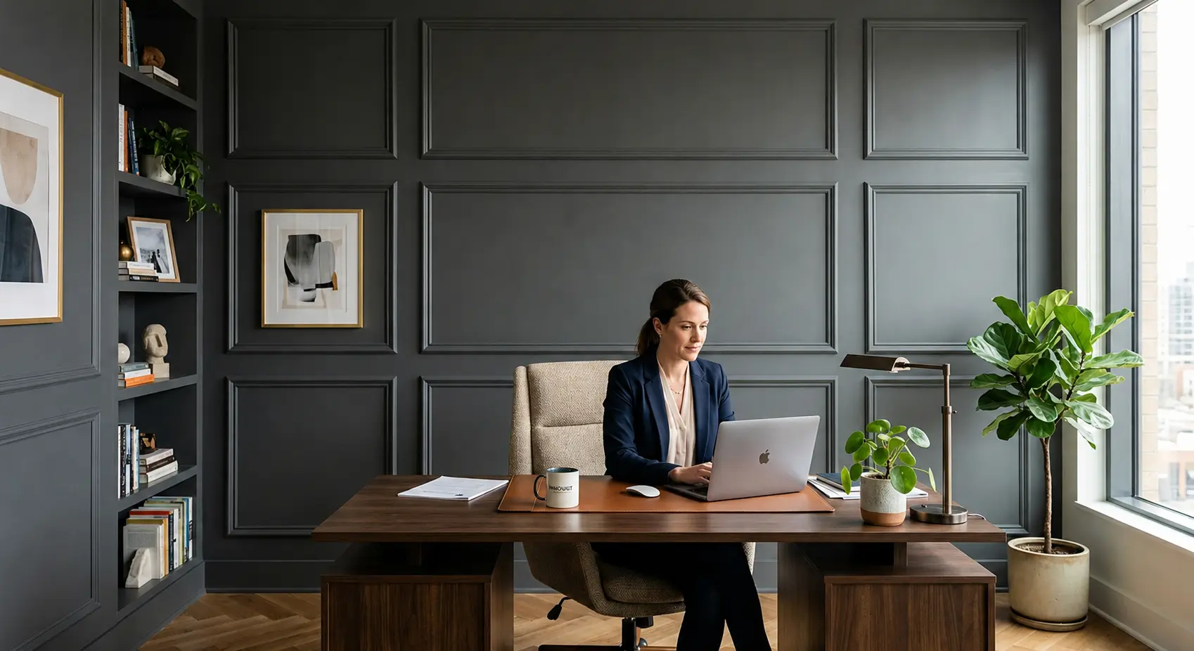 An executive office with dark gray walls featuring classic decorative panel moulding, creating a sophisticated and textured backdrop for a professional working at a wood desk.