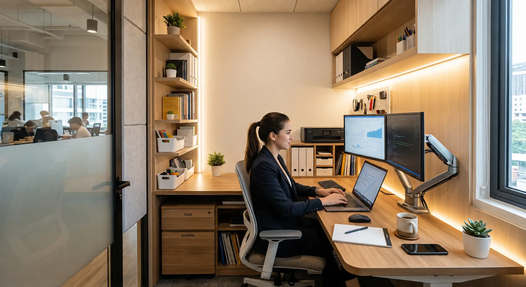 A highly organized small office cabin featuring built-in light wood cabinetry, vertical shelving with white bins, integrated LED strip lighting, and a dual-monitor setup on an ergonomic arm.