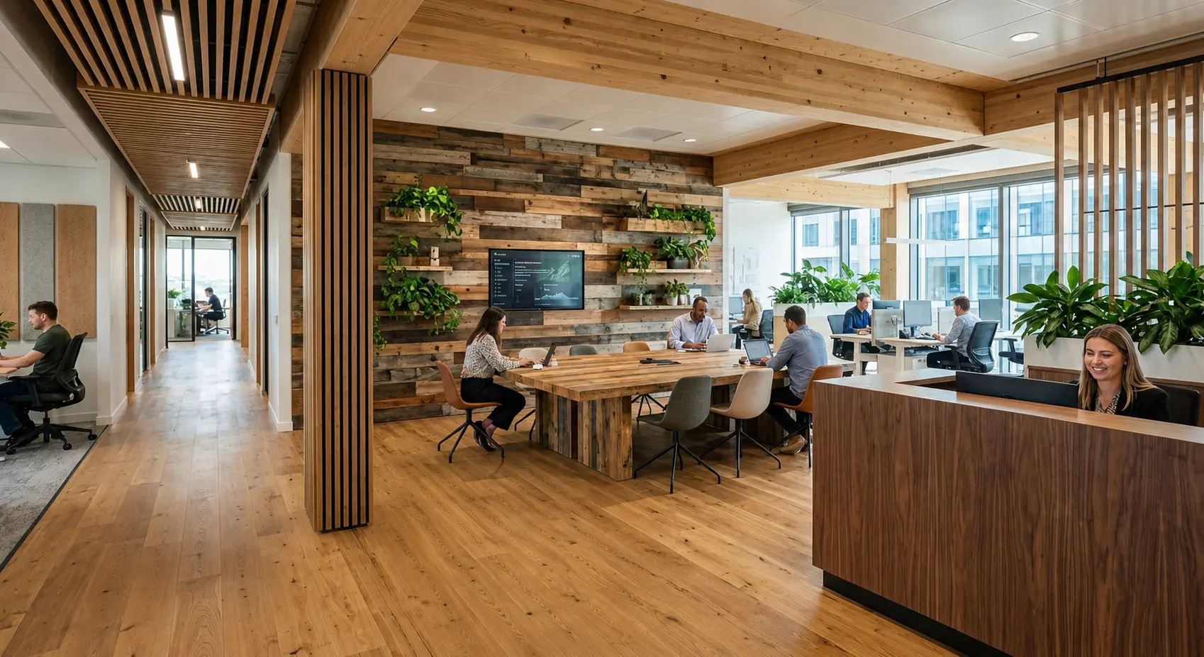 A collaborative office materials list space featuring natural wood flooring, a large reclaimed wood conference table, and vertical timber wall paneling, emphasizing the use of warm, sustainable, and biophilic wood elements.